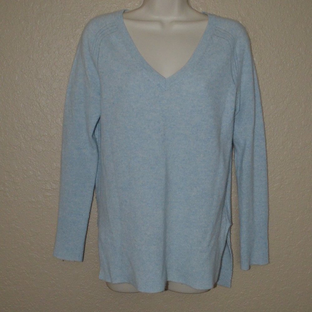 $275 Sz XS White + Warren Blue Cashmere V-Neck Long Sleeve Sweater